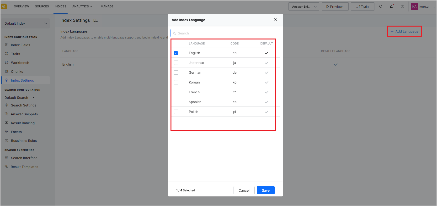 Index Languages SearchAssist
