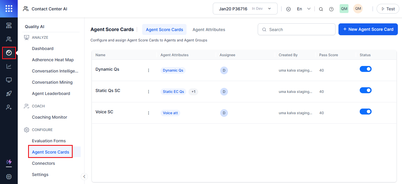 Agent Score Card Agent Score Card